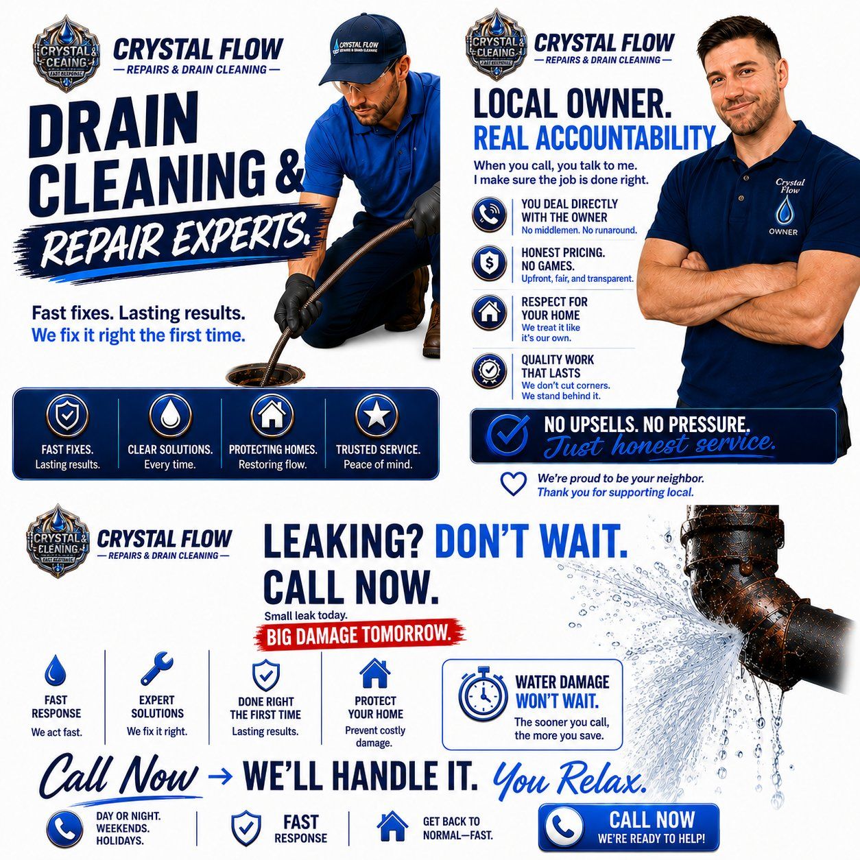 Crystal Flow Repairs & Drain Cleaning - drain cleaning, local owner accountability, and fast response to leaks