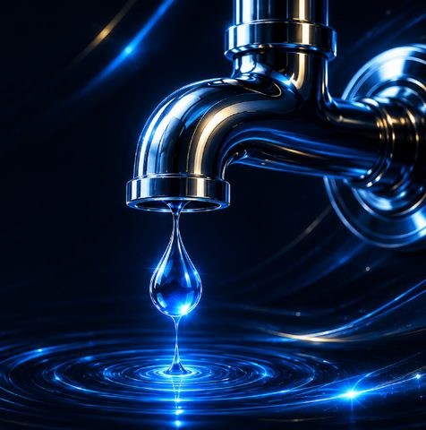 Polished chrome faucet installed, single drop of water falling